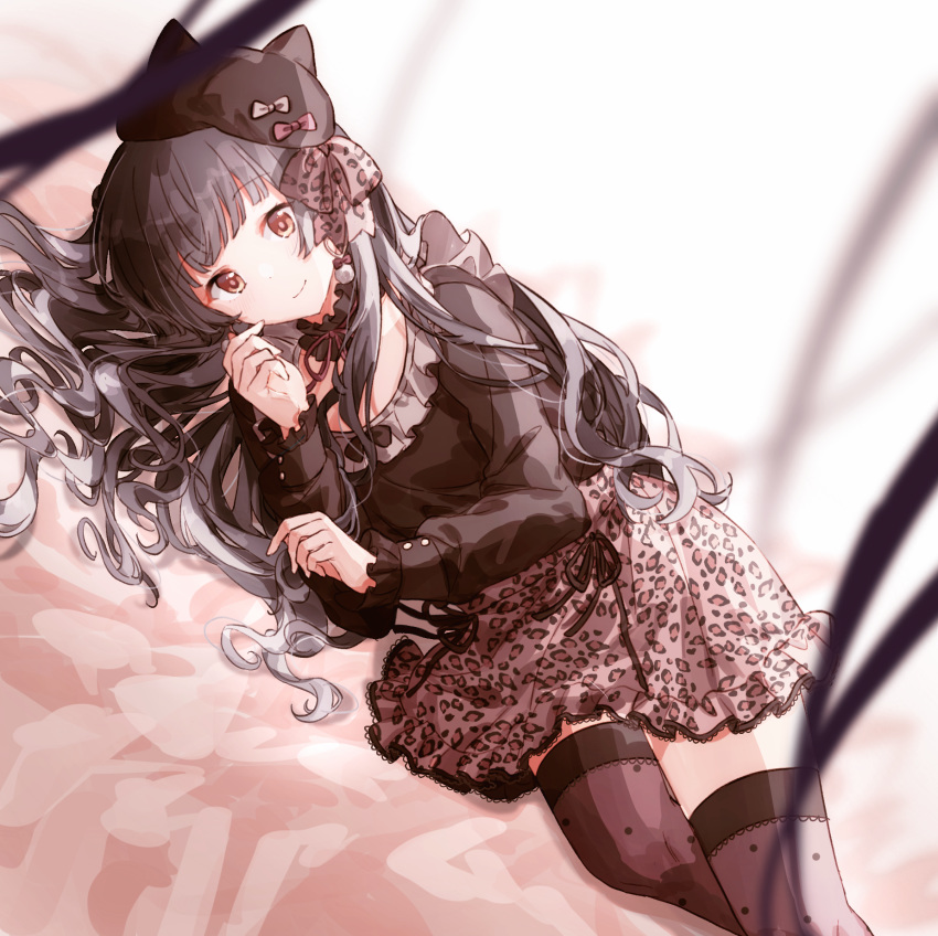 1girl animal_print bangs beret black_hair blunt_bangs bow breasts brown_eyes closed_mouth earrings eyebrows_visible_through_hair frills gocoli hair_bow hat highres idolmaster idolmaster_shiny_colors jewelry leopard_print long_hair long_sleeves looking_at_viewer lying mayuzumi_fuyuko medium_breasts on_side ribbon shirt simple_background skirt smile solo thigh-highs two_side_up
