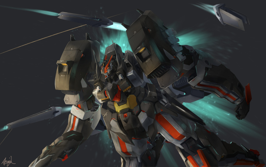 artist_name atsajh flying funnels glowing glowing_eyes gun highres holding holding_gun holding_weapon looking_to_the_side mecha no_humans red_eyes solo space super_robot_wars super_robot_wars_v vangnex weapon