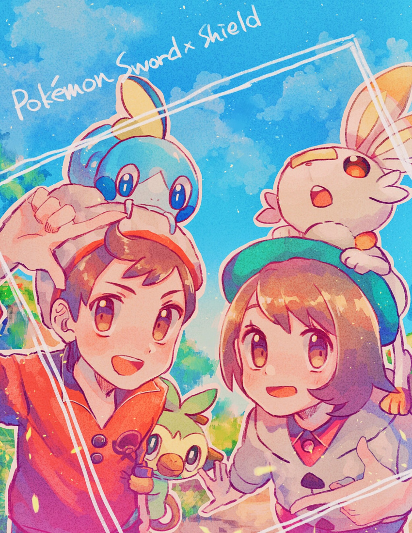 1boy 1girl bangs beanie blush bob_cut brown_eyes brown_hair buttons cardigan clouds commentary_request copyright_name day dress gen_8_pokemon gloria_(pokemon) green_headwear grey_cardigan grey_headwear grookey hand_up hanenbo hat highres looking_at_viewer on_head outdoors pink_dress pokemon pokemon_(creature) pokemon_(game) pokemon_on_arm pokemon_on_head pokemon_swsh red_shirt scorbunny shiny shiny_hair shirt short_hair sky sleeves_rolled_up sobble starter_pokemon_trio swept_bangs tam_o'_shanter tree victor_(pokemon)