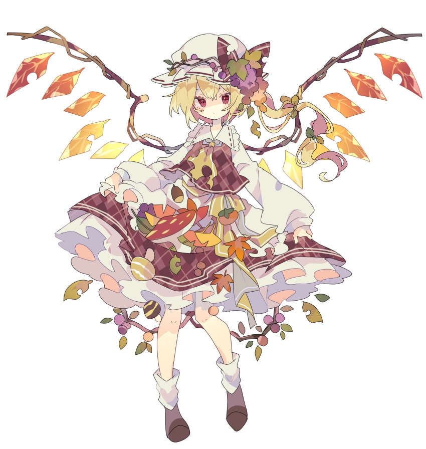 1girl acorn autumn autumn_leaves blonde_hair boots bow brown_legwear expressionless flandre_scarlet food food_themed_clothes food_themed_hair_ornament frilled_skirt frills fruit full_body grape_hair_ornament grapes green_ribbon hair_ornament hair_ribbon hat highres lolita_fashion long_hair long_sleeves mob_cap mushroom nikorashi-ka persimmon plaid plaid_skirt plaid_vest plant ponytail red_eyes ribbon side_ponytail skirt skirt_lift touhou vest vines white_background wings