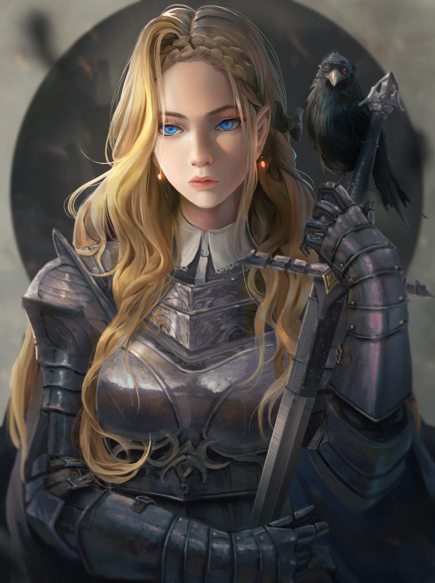 1girl absurdres armor bird bird_on_hand blonde_hair blue_eyes bow braid breastplate commentary crow earrings english_commentary expressionless gauntlets hair_bow highres holding holding_sword holding_weapon jewelry knight lips long_hair original pointy_ears rayxray shoulder_armor solo spaulders sword upper_body wavy_hair weapon