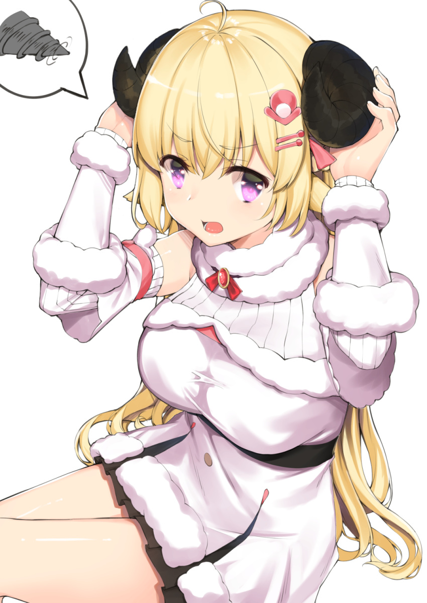 1girl ahoge animal_ears bangs blonde_hair curled_horns detached_sleeves dress drill eyebrows_visible_through_hair fur-trimmed_dress fur_trim hair_between_eyes hair_ornament hairclip highres hololive horns kaname_(melaninusa09) long_hair long_sleeves looking_at_viewer open_mouth sheep_ears sheep_girl sheep_horns short_dress simple_background sitting solo tsunomaki_watame very_long_hair violet_eyes virtual_youtuber white_background white_dress wool