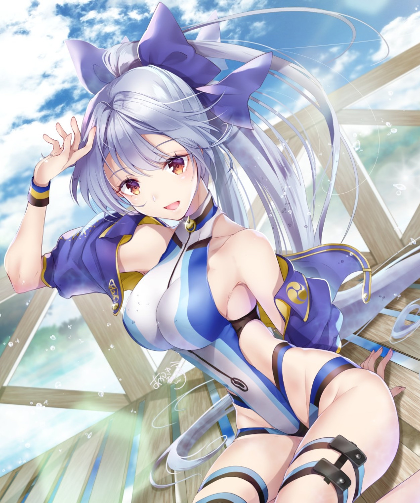 1girl akatsuki_hijiri bangs blue_bow blue_jacket blue_sky blue_swimsuit blush bow breasts fate/grand_order fate_(series) highleg highleg_swimsuit highres jacket large_breasts long_hair looking_at_viewer mitsudomoe_(shape) multicolored multicolored_clothes multicolored_swimsuit one-piece_swimsuit ponytail red_eyes short_sleeves silver_hair simple_background sitting sky smile swimsuit thighs tomoe_(symbol) tomoe_gozen_(fate/grand_order) tomoe_gozen_(swimsuit_saber)_(fate) two-tone_swimsuit very_long_hair white_swimsuit