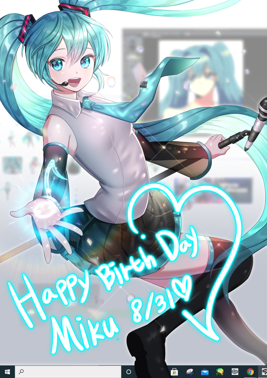 1girl absurdres blue_eyes blue_hair blue_neckwear floating floating_hair happy_birthday hatsune_miku headset highres holding holding_microphone jaeng leaning_back looking_at_viewer microphone necktie open_hand open_mouth solo twintails vocaloid windows_desktop