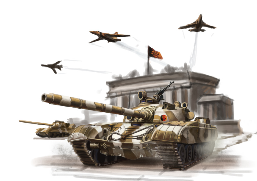 absurdres acrylic_paint_(medium) aircraft airplane artist_request box_art brandenburg_gate caterpillar_tracks east_german east_german_flag emblem fighter_jet ground_vehicle gun highres jet machine_gun military military_vehicle motor_vehicle nationale_volksarmee no_humans original t-72 tank traditional_media weapon