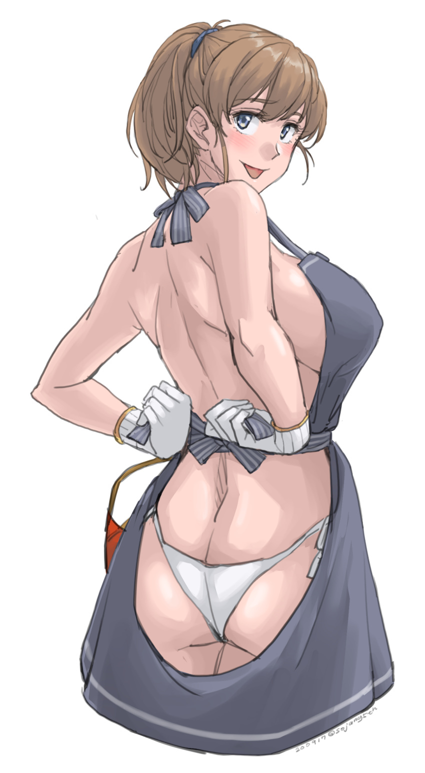 1girl absurdres apron blue_apron blue_eyes breasts brown_hair butt_crack commentary_request from_behind gloves highres intrepid_(kantai_collection) kantai_collection large_breasts looking_at_viewer naked_apron panties ponytail short_hair side-tie_panties simple_background smile solo sozan underwear white_background white_gloves white_panties
