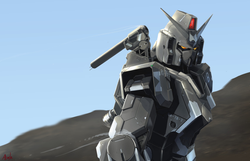 absurdres artist_name atsajh close-up g-3_gundam gundam gundam_msv highres holstered_weapon looking_down mecha no_humans orange_eyes sky solo v-fin