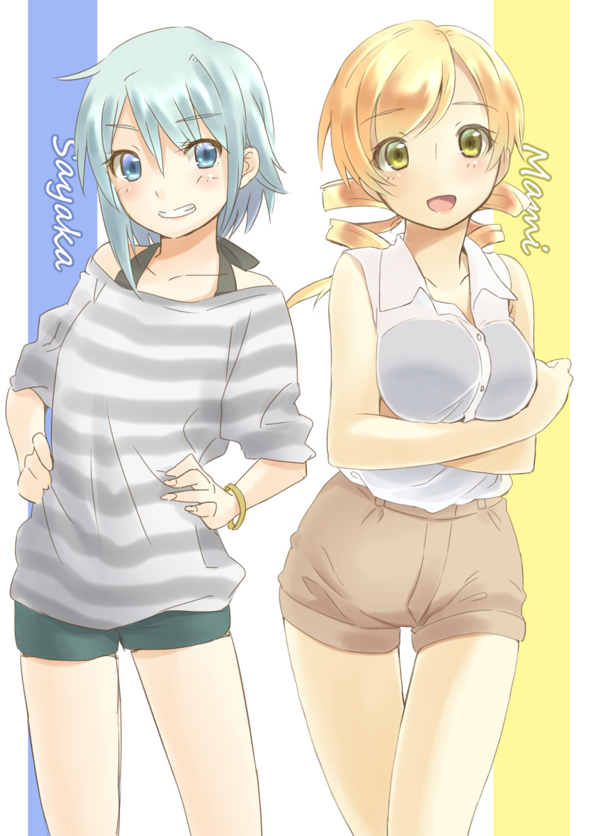 2girls :d absurdres alternate_costume arms_under_breasts bare_arms bare_legs bare_shoulders blonde_hair blue_eyes blue_hair bracelet breasts brown_shorts buttons casual character_name chirosuke_(nameless) clenched_teeth collarbone collared_shirt contrapposto crossed_arms drill_hair eyebrows_visible_through_hair eyelashes eyes_visible_through_hair feet_out_of_frame fingernails green_shorts grey_shirt grin hair_between_eyes halterneck hands_on_hips happy highres horizontal_stripes impossible_clothes jewelry large_breasts legs_apart light_blush looking_afar looking_to_the_side mahou_shoujo_madoka_magica miki_sayaka multiple_girls no_nose off-shoulder_shirt off_shoulder open_mouth shiny shiny_hair shiny_skin shirt shirt_tucked_in short_hair short_shorts shorts side-by-side simple_background sleeveless sleeveless_shirt smile standing striped striped_background striped_shirt teeth thigh_gap tomoe_mami twin_drills v-shaped_eyebrows white_background white_shirt wide_sleeves yellow_eyes