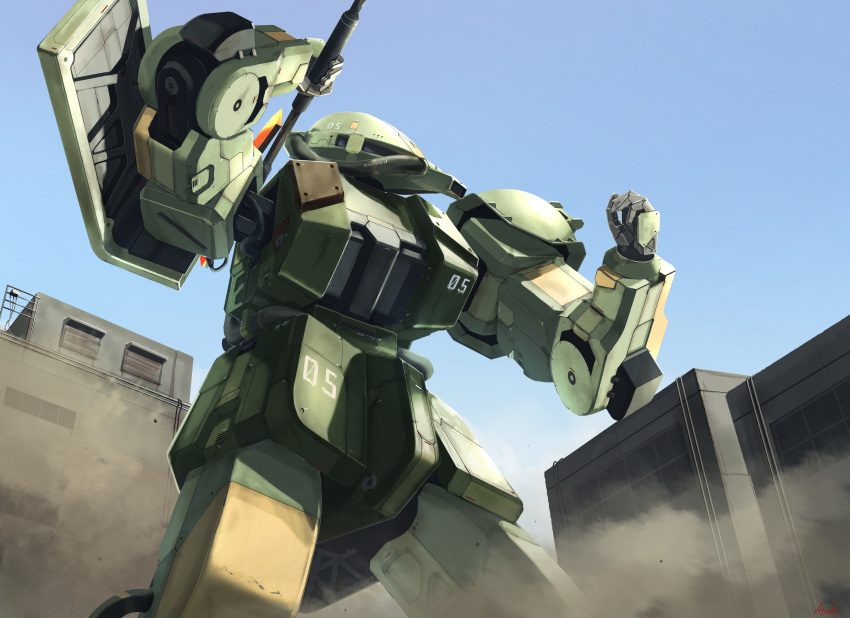 atsajh axe building clenched_hand from_below gundam highres holding holding_axe looking_to_the_side mecha mobile_suit_gundam no_humans over_shoulder sky solo zaku_ii zeon