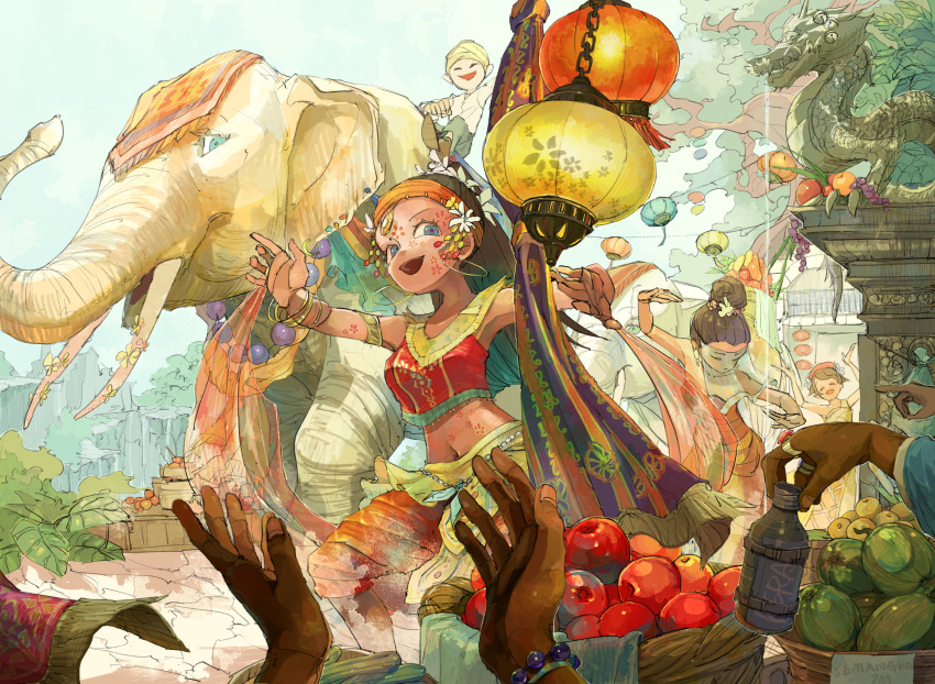 :d absurdres apple armlet arms_up bangle blue_eyes bracelet clapping dancing dark_skin day elephant flower food fruit hachi8_8 hair_bun hair_flower hair_ornament highres huge_filesize jewelry long_hair midriff navel open_mouth outdoors ring smile statue tan tree