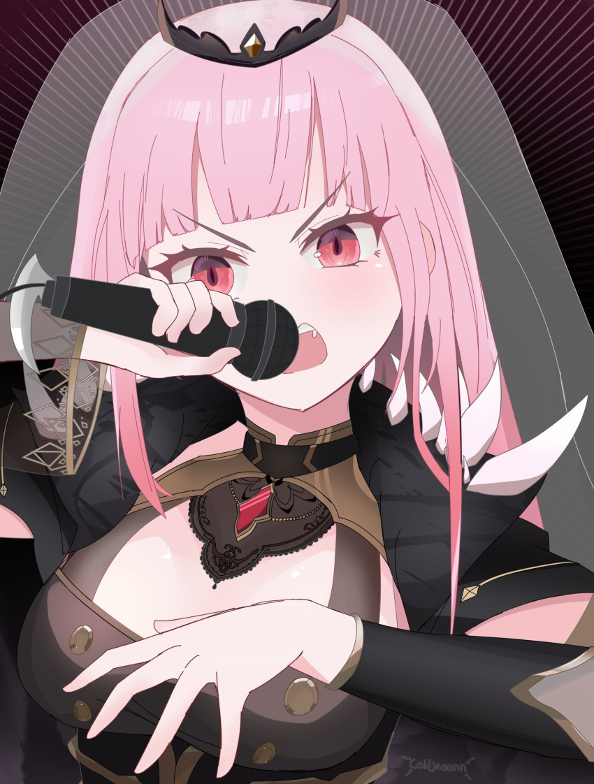 bangs black_dress breasts capelet cloak coat cold_jason detached_sleeves dress eyebrows_visible_through_hair gem highres holding hololive hololive_english large_breasts long_hair looking_at_viewer microphone mori_calliope open_mouth pink_eyes pink_hair rapping shoulder_spikes spikes tiara veil virtual_youtuber