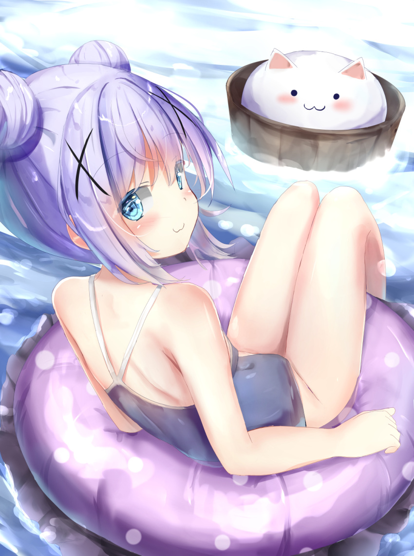 1girl :3 angora_rabbit animal bangs bare_arms bare_shoulders blue_eyes blue_hair blue_swimsuit blush breasts closed_mouth commentary_request covered_navel double_bun eyebrows_visible_through_hair gochuumon_wa_usagi_desu_ka? hair_between_eyes hair_ornament highres innertube kafuu_chino looking_at_viewer looking_back na!?_(naxtuyasai) one-piece_swimsuit polka_dot rabbit school_swimsuit sidelocks small_breasts swimsuit tippy_(gochiusa) water x_hair_ornament