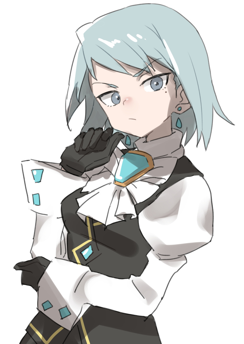 1girl absurdres black_gloves blue_eyes breasts cravat cuff_links earrings gazacy_(dai) gloves grey_eyes gyakuten_saiban highres jewelry karuma_mei long_sleeves medium_breasts mole mole_under_eye puffy_sleeves short_hair silver_hair solo upper_body