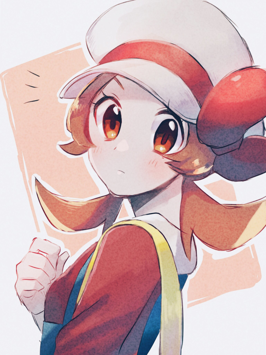 1girl blush brown_eyes brown_hair closed_mouth commentary_request eyelashes from_side hand_up hanenbo hat hat_ribbon highres long_hair looking_at_viewer looking_back lyra_(pokemon) overalls pokemon pokemon_(game) pokemon_hgss ribbon solo twintails upper_body white_headwear