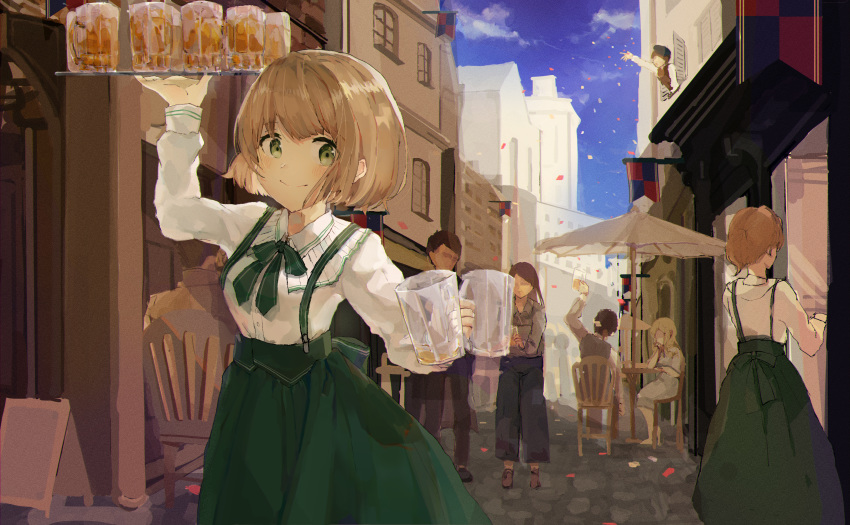4boys 4girls absurdres alcohol bow brown_hair chair confetti cup day faceless faceless_male flag green_bow green_skirt highres holding holding_tray huge_filesize long_sleeves mug multiple_boys multiple_girls original outdoors short_hair skirt suspenders tray umbrella waitress yonikki