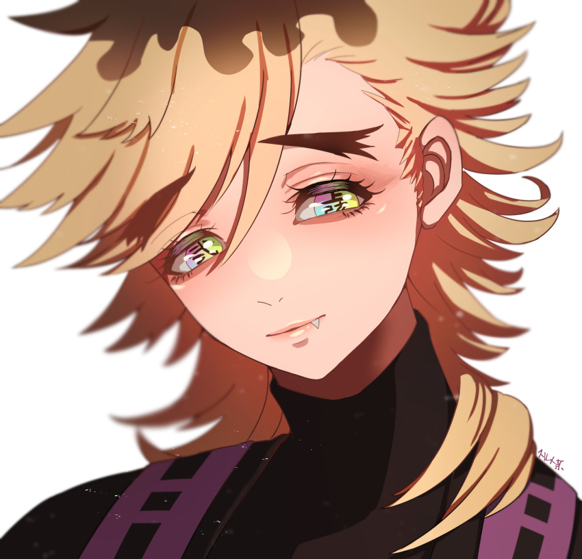 1boy blonde_hair blush douma_(kimetsu_no_yaiba) ears eyebrows_visible_through_hair eyelashes fang highres kimetsu_no_yaiba lips long_hair looking_at_viewer male_focus multicolored multicolored_eyes purple_robe rainbow_eyes signature simple_background solo surume_imo symbol-shaped_pupils tareme thick_eyebrows turtleneck white_background