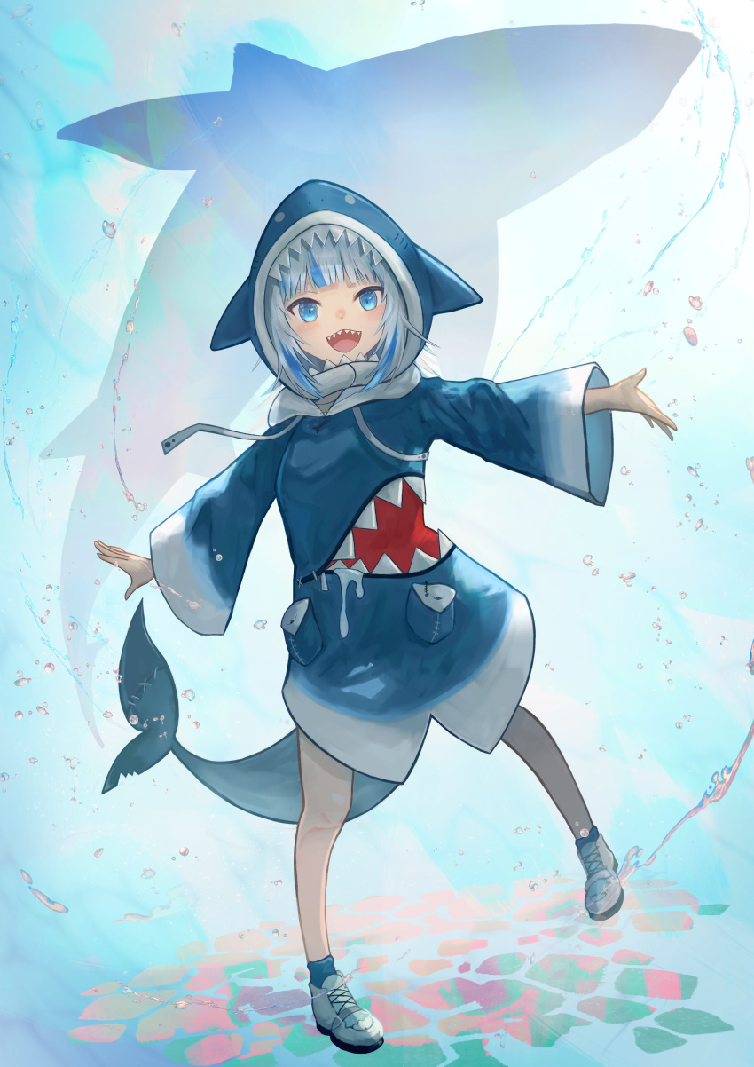 1girl :d absurdres bangs blue_eyes blue_hair blue_hoodie blunt_bangs commentary commentary_request gawr_gura grey_hair highres hololive hololive_english hood hood_up hoodie long_sleeves looking_at_viewer medium_hair multicolored_hair open_mouth outstretched_arms shark shark_hood shark_tail sharp_teeth shoes smile sneakers solo spread_arms streaked_hair tail teeth underwater virtual_youtuber white_footwear wide_sleeves xyunx