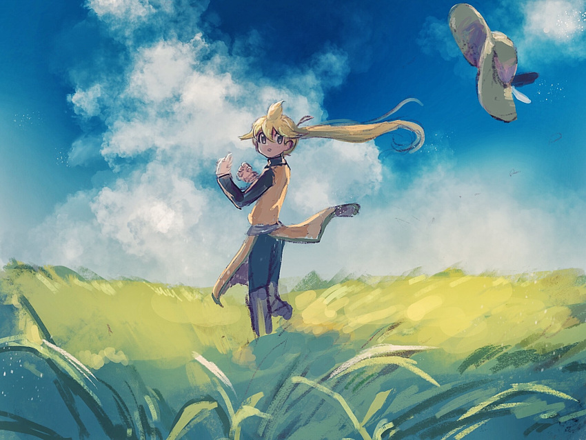 1girl blonde_hair boots clouds commentary_request day floating_hair grass grey_eyes grey_footwear hands_up hanenbo hat hat_removed headwear_removed highres long_hair long_sleeves looking_back outdoors pokemon pokemon_adventures ponytail sky solo yellow_(pokemon)