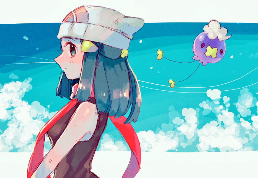 1girl bare_arms beanie black_hair closed_mouth clouds commentary_request hikari_(pokemon) drifloon flying from_side gen_4_pokemon hair_ornament hairclip hanenbo hat highres long_hair looking_at_viewer pokemon pokemon_(creature) pokemon_(game) pokemon_dppt red_scarf scarf sidelocks sleeveless smile white_headwear