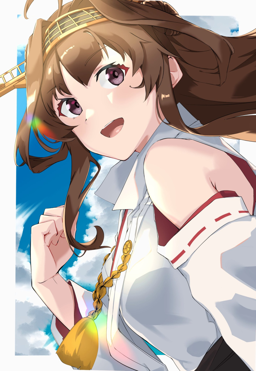 1girl ahoge brown_hair commentary_request detached_sleeves double_bun hairband headgear highres japanese_clothes kantai_collection kongou_(kantai_collection) long_hair looking_at_viewer popped_collar remodel_(kantai_collection) ribbon-trimmed_sleeves ribbon_trim solo sui_(sui27shika) upper_body violet_eyes