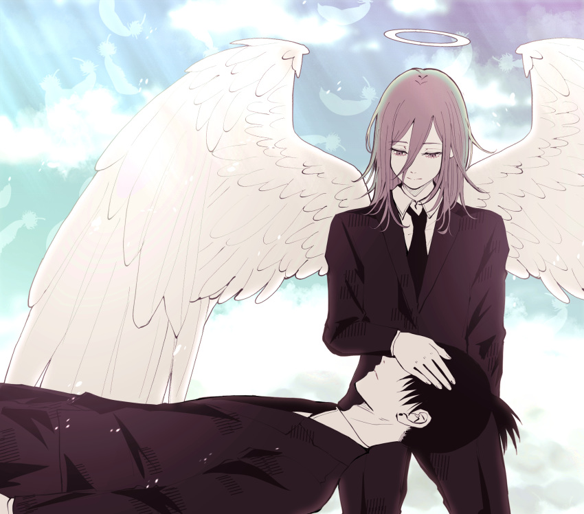 2boys angel angel_devil_(chainsaw_man) angel_wings black_hair black_neckwear black_pants black_suit brown_hair business_suit chainsaw_man feathered_wings feathers formal hair_between_eyes halo hand_on_shoulder hand_over_eye hayakawa_aki_(chainsaw_man) highres long_hair lying lying_on_lap lying_on_person male_focus medium_hair multiple_boys necktie on_back pants shirt short_hair simple_background suit toukaairab white_shirt white_wings wings