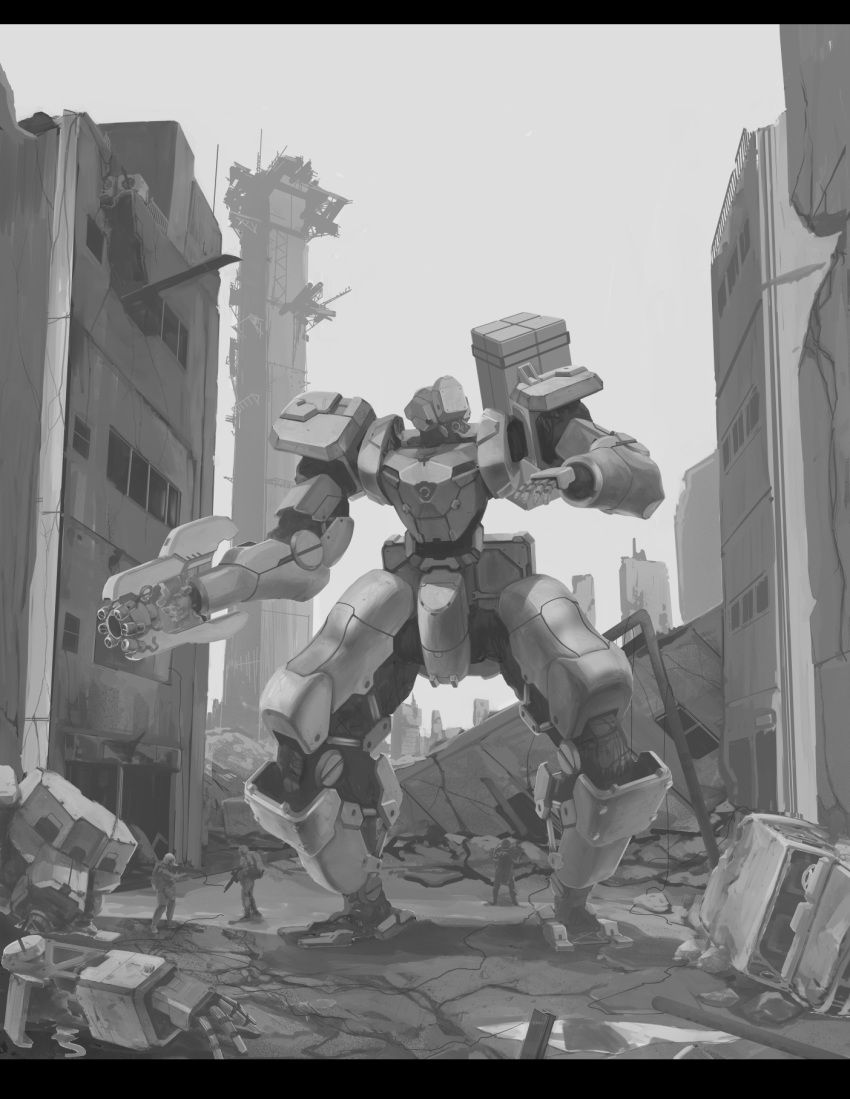 3boys atsajh gun highres holding holding_gun holding_weapon looking_to_the_side mecha military monochrome multiple_boys one-eyed open_hand original solo_focus standing weapon wreckage
