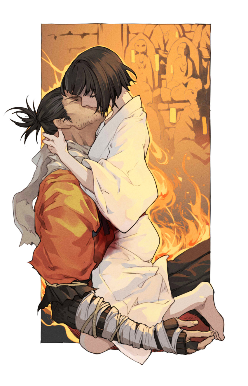 2boys age_difference bandages bangs barefoot black_hair black_pants blood border boy_on_top closed_eyes coat commentary_request facial_hair fire from_side grey_scarf highres japanese_clothes kimono kiss kneeling kuro_the_divine_heir long_sleeves male_focus multiple_boys on_person orange_coat outside_border pale_skin pants pleated_pants scarf sekiro sekiro:_shadows_die_twice short_hair sitting statue topknot torn_coat torn_scarf vetania white_border white_kimono wide_sleeves