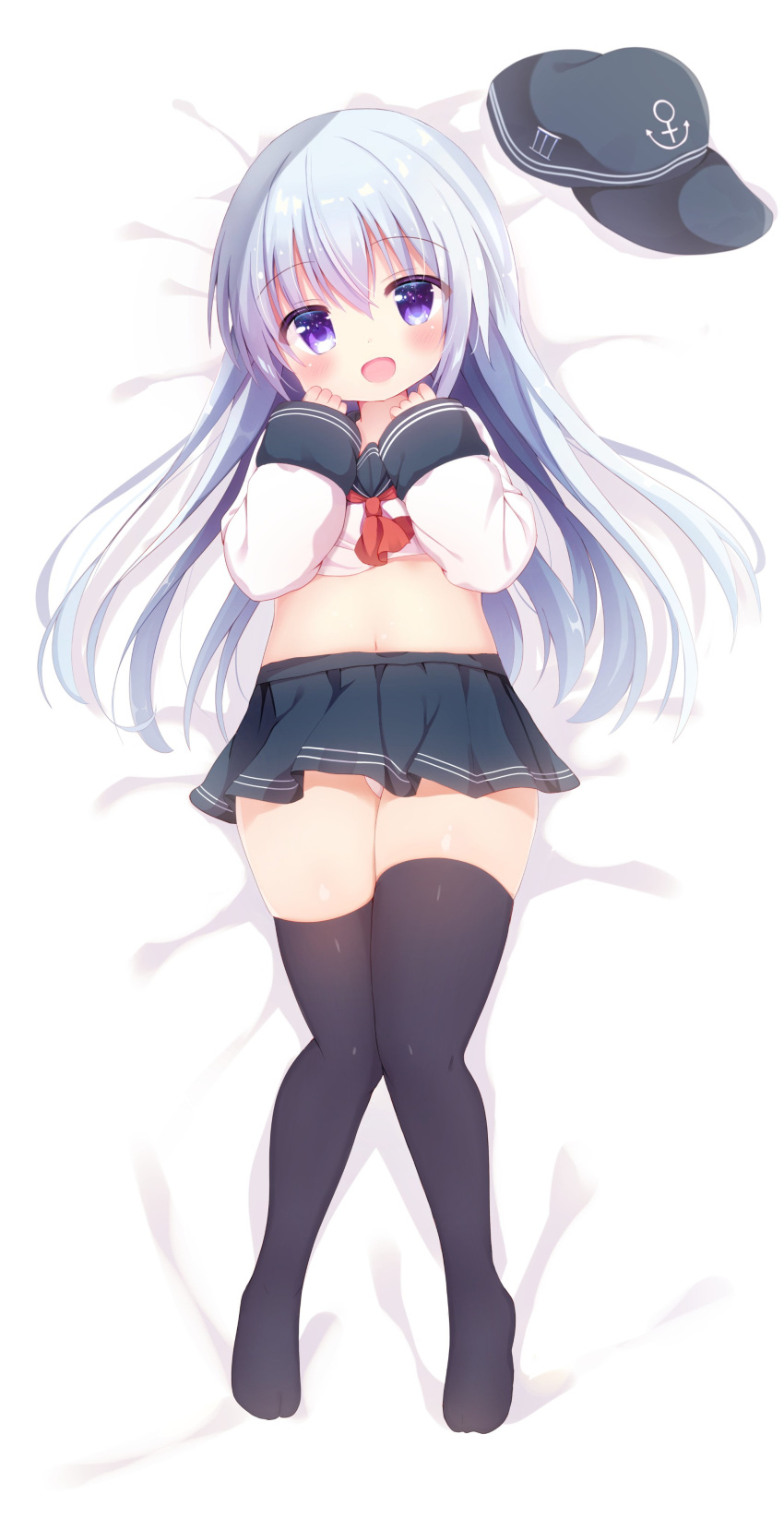 1girl absurdres black_legwear blue_eyes blush dakimakura flat_cap hair_between_eyes hat hibiki_(kantai_collection) highres kantai_collection kotoriifu long_hair long_sleeves looking_at_viewer navel neckerchief open_mouth panties pleated_skirt school_uniform serafuku shirt_lift silver_hair skirt solo thigh-highs underwear white_panties