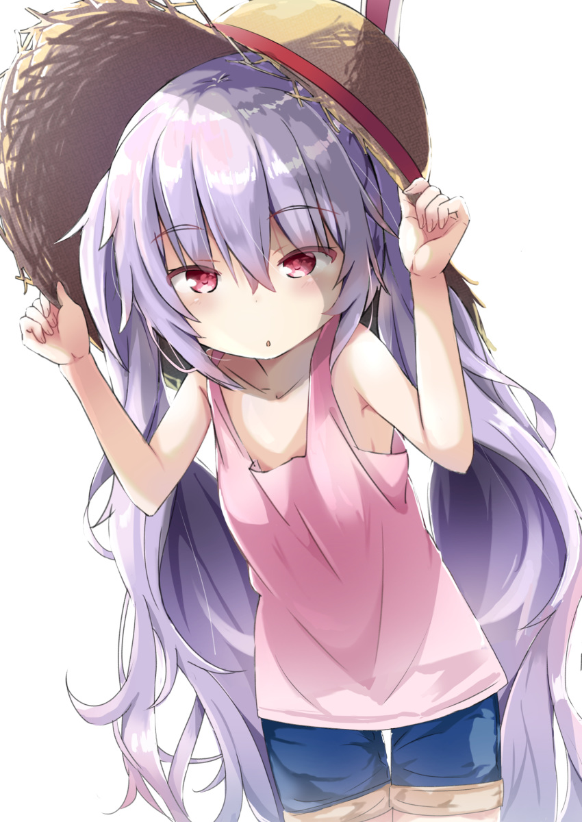 1girl absurdres adjusting_clothes adjusting_headwear alternate_costume animal_ears azur_lane bare_shoulders blush hat highres hikyac laffey_(azur_lane) lavender_background long_hair looking_at_viewer open_mouth rabbit_ears red_eyes short_shorts shorts solo straw_hat tank_top very_long_hair