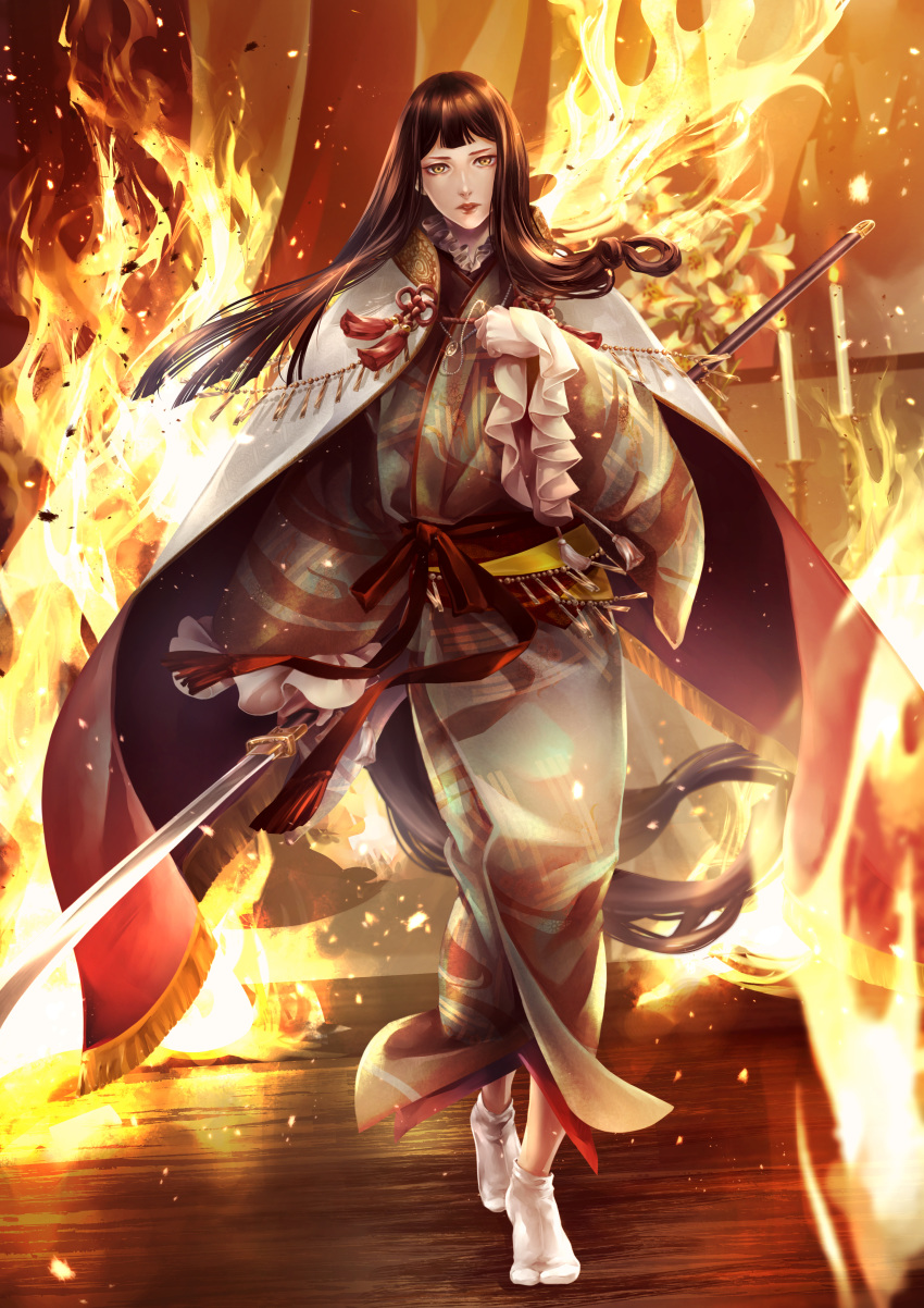 1girl absurdres black_hair brown_eyes brown_hair candle cape fire full_body glint highres holding holding_weapon indoors original solo standing ushi_424 weapon white_cape white_legwear wide_sleeves