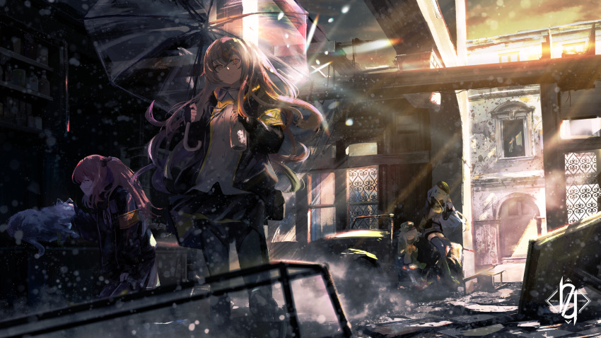 404_(girls'_frontline) 404_logo_(girls'_frontline) 4girls aritsuno armband belt_pouch beret black_cat black_footwear black_gloves black_jacket black_legwear black_skirt blunt_bangs boots bread brown_hair building bullet_hole cable car cat chair closed_eyes closed_mouth cloud cloudy_sky commentary_request counter cup drink drinking eating eyebrows facial_mark fingerless_gloves food g11_(girls'_frontline) girls'_frontline gloves green_eyes green_jacket green_legwear grey_hair grey_jacket grey_legwear hair_ornament hand_on_own_leg hand_up hat head_tilt headpat highres hk416_(girls'_frontline) holding holding_cup holding_food holding_umbrella indoors jacket jeep knee_guards knee_pads kneeling light_particles light_rays long_hair looking_at_animal looking_at_viewer loose_clothes loose_shirt lying messy_hair miniskirt motor_vehicle multiple_girls on_side open_mouth pantyhose ponytail pouch purring red_footwear ruins scar scar_across_eye scar_on_face shirt side_ponytail sitting skirt sky smile standing sunlight table tattoo teardrop teardrop_tattoo thigh_strap thighhighs transparent transparent_umbrella twintails umbrella ump45_(girls'_frontline) ump9_(girls'_frontline) white_shirt window x_hair_ornament yellow_eyes