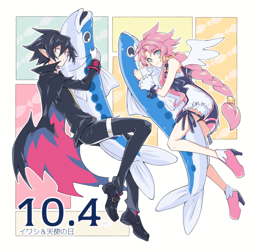 1boy 1girl angel angel_wings artina_(disgaea) black_hair blue_eyes cape disgaea eyebrows_visible_through_hair high_heels highres issa_(sorako45) long_hair makai_senki_disgaea_4 pink_hair ponytail red_eyes sardine short_hair signature valvatorez_(disgaea) vampire very_long_hair wings