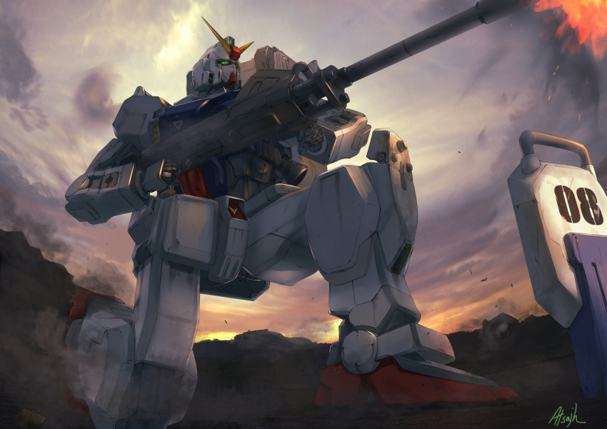 artist_name atsajh from_below green_eyes ground_gundam gun gundam gundam_08th_ms_team highres holding holding_gun holding_weapon kneeling looking_up mecha no_humans shield solo v-fin weapon