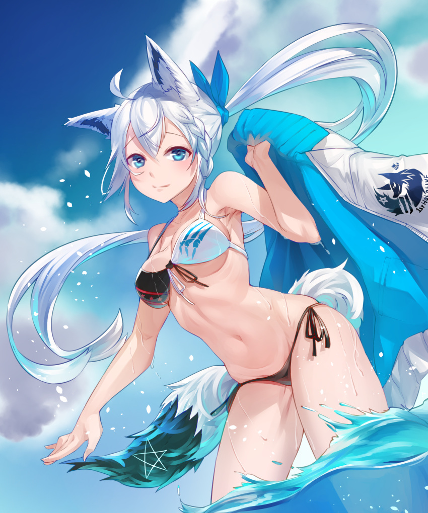 1girl absurdres ahoge animal_ear_fluff animal_ears arpeggio_kaga bangs bikini blue_eyes blush braid breasts chromatic_aberration day fox_ears fox_girl fox_tail hair_between_eyes highres holding holding_clothes holding_jacket hololive jacket jacket_removed long_hair looking_at_viewer outdoors pentagram ponytail shirakami_fubuki side-tie_bikini side_braid smile solo swimsuit tail virtual_youtuber wading white_hair