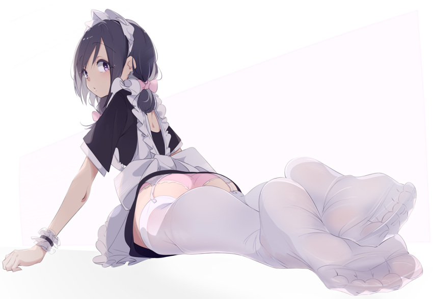 1girl apron ass bow feet garter_belt hair_bow long_hair looking_at_viewer maid maid_apron no_shoes original panties pink_bow pink_panties purple_hair short_sleeves simple_background soles solo thigh-highs underwear unimon_e violet_eyes white_background white_legwear wrist_cuffs