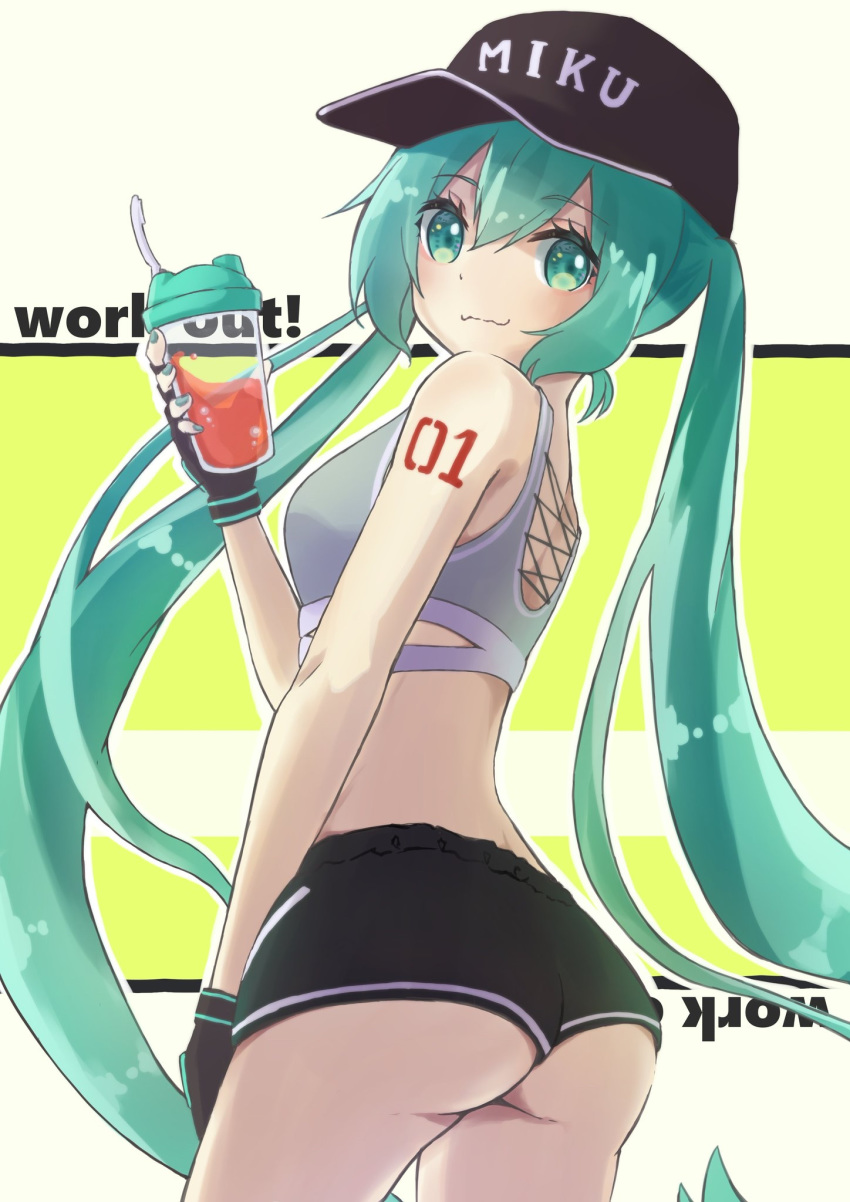 1girl ass baseball_cap character_name commentary cowboy_shot drink fingerless_gloves from_side gloves green_eyes green_hair green_nails hat hatsune_miku highres long_hair looking_at_viewer looking_to_the_side midriff nail_polish number_tattoo sasaru short_shorts shorts shoulder_tattoo solo sports_bra tattoo twintails very_long_hair vocaloid wavy_mouth