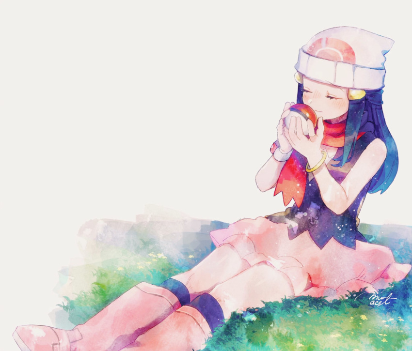 1girl beanie black_legwear blue_hair blush boots bracelet closed_eyes closed_mouth commentary_request hikari_(pokemon) eyelashes grass hair_ornament hairclip hands_up hanenbo hat highres holding holding_poke_ball jewelry long_hair outdoors pink_footwear poke_ball poke_ball_(basic) pokemon pokemon_(game) pokemon_dppt red_scarf scarf sidelocks signature sitting socks solo white_headwear wristband