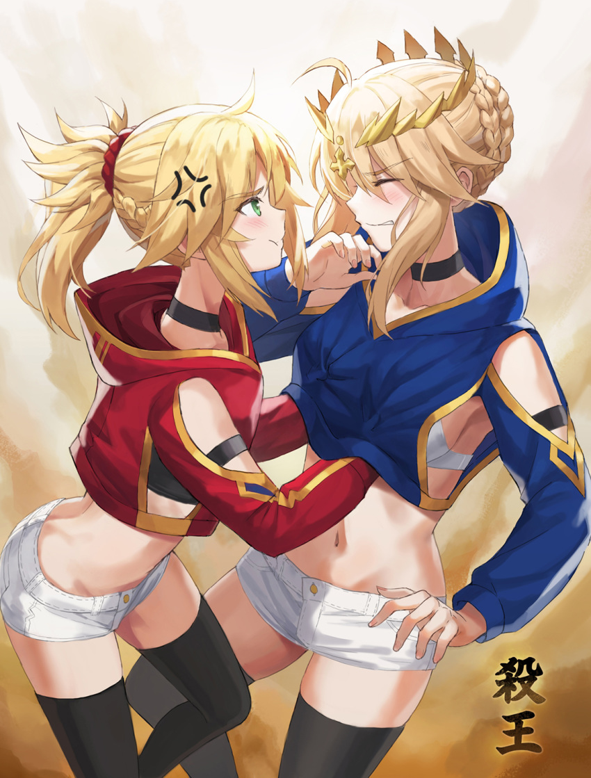 2girls ahoge anger_vein artoria_pendragon_(all) artoria_pendragon_(lancer) bangs black_legwear blonde_hair blush braid breasts choker closed_eyes commentary_request detached_collar detached_sleeves fate/apocrypha fate/grand_order fate_(series) french_braid green_eyes hair_between_eyes hair_ornament hair_scrunchie highres hood hoodie large_breasts long_hair long_sleeves mordred_(fate) mordred_(fate)_(all) mother_and_daughter multiple_girls navel parted_bangs ponytail pout puffy_cheeks red_scrunchie scrunchie short_shorts shorts sidelocks small_breasts thigh-highs thighs tonee white_shorts wince