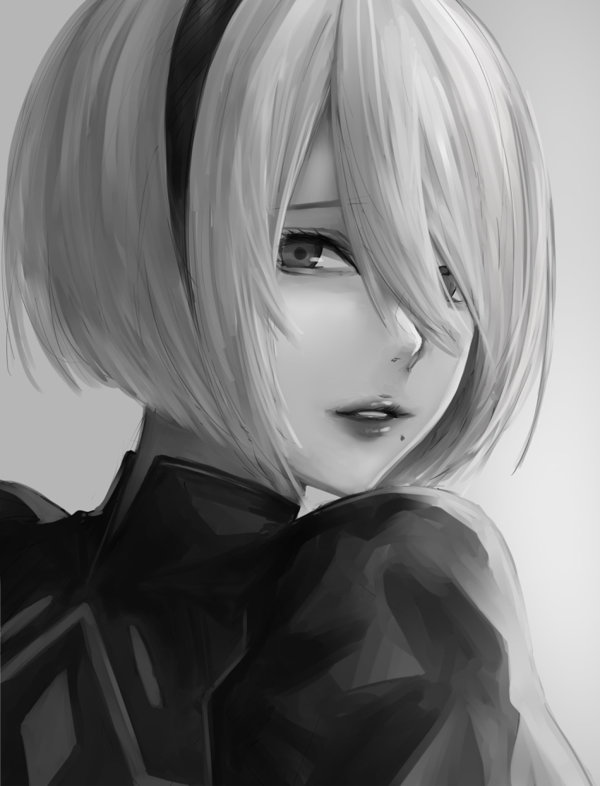 1girl greyscale hairband highres looking_at_viewer mole mole_under_mouth monochrome nier_(series) nier_automata nyatokanyaru puffy_sleeves short_hair simple_background solo yorha_no._2_type_b