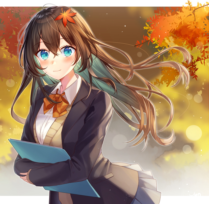 1girl aqua_eyes aqua_hair autumn autumn_leaves black_jacket blazer blurry blurry_background blush bow bowtie brown_hair closed_mouth collared_shirt commentary_request cowboy_shot day depth_of_field floating_hair gradient_hair grey_skirt highres holding ion_(on01e) jacket leaf leaf_on_head long_hair long_sleeves looking_at_viewer maple_leaf miniskirt multicolored_hair open_clothes open_jacket orange_bow orange_neckwear original outdoors school_uniform shirt skirt sleeves_past_wrists smile solo sweater_vest white_shirt wind