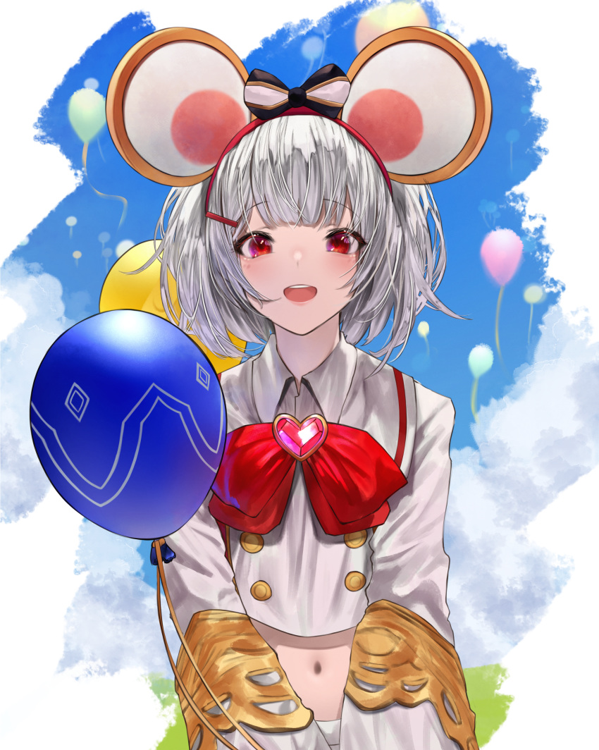 1girl :d absurdres animal_ears balloon bangs betabeet blue_sky blunt_bangs blush bow bowtie clouds collared_shirt day eyebrows_visible_through_hair fake_animal_ears gem granblue_fantasy hair_ornament hairband hairclip heart highres long_sleeves mouse_ears navel open_mouth outdoors red_bow red_eyes red_hairband red_neckwear shirt short_hair silver_hair sky smile solo striped striped_bow upper_body vikala_(granblue_fantasy) white_shirt