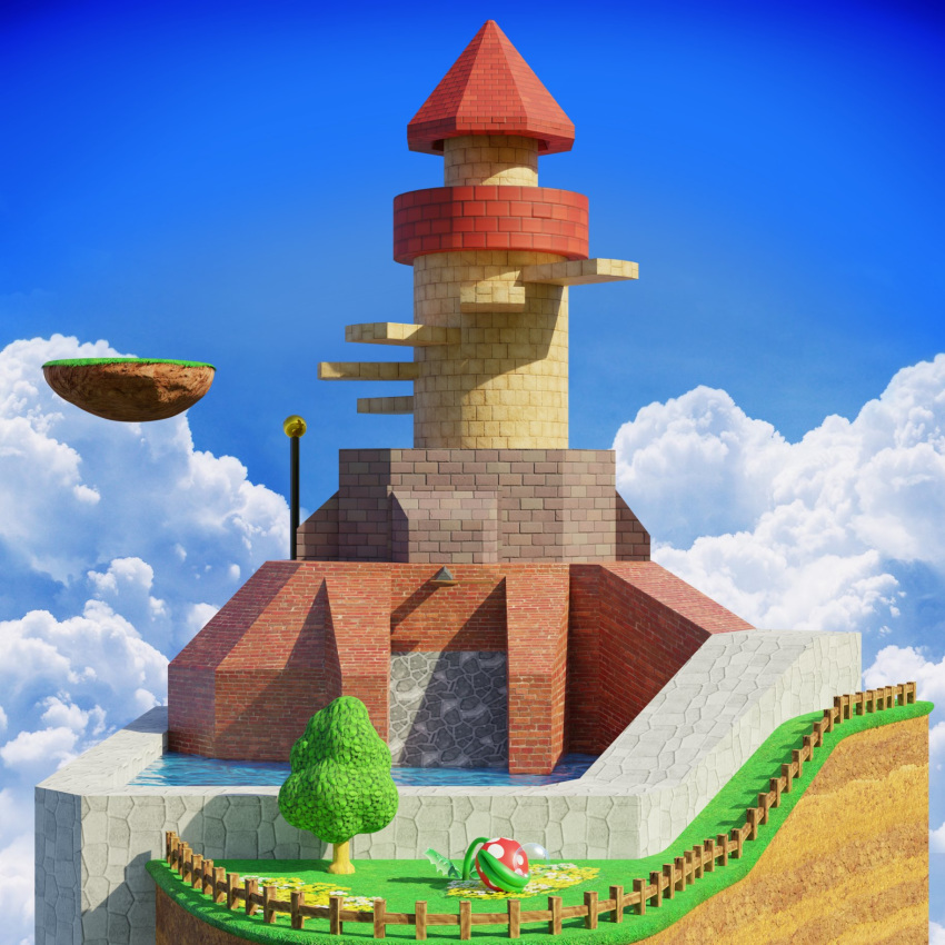 3d blender_(medium) clouds english_commentary fence floating_island highres super_mario_bros. mary_in_the_stars no_humans piranha_plant plant scenery sky super_mario_64 tower tree