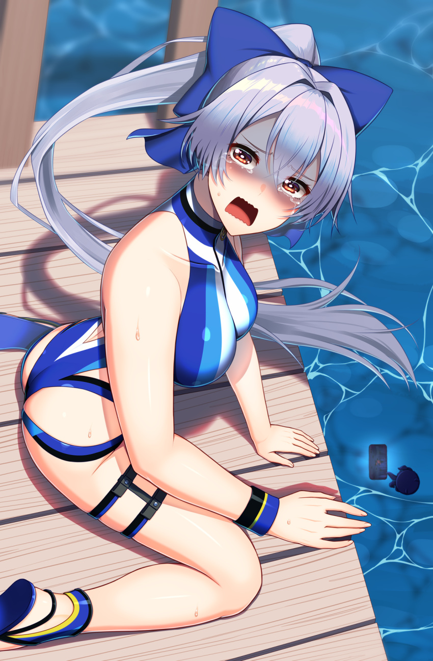 1girl ass bangs blue_bow blue_swimsuit blush bow breasts cellphone crying fate/grand_order fate_(series) hair_between_eyes hair_bow highleg highleg_swimsuit highres kuroshiro_(ms-2420) large_breasts legs long_hair looking_at_viewer octopus one-piece_swimsuit open_mouth phone ponytail red_eyes sandals silver_hair sitting swimsuit tears thighs tokitarou_(fate/grand_order) tomoe_gozen_(fate/grand_order) tomoe_gozen_(swimsuit_saber)_(fate) two-tone_swimsuit wariza water wavy_mouth white_swimsuit