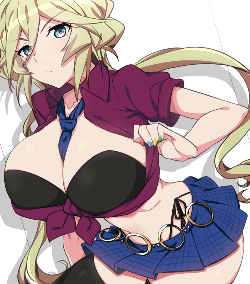 1girl aqua_eyes between_breasts bikini bikini_under_clothes black_bikini blonde_hair breasts carol_malus_dienheim closed_mouth crop_top front-tie_top highres kuro_mushi large_breasts long_hair microskirt midriff mole mole_under_eye nail_polish navel necktie older senki_zesshou_symphogear shiny shiny_hair shiny_skin shirt side-tie_bikini skirt solo standing swimsuit tied_shirt