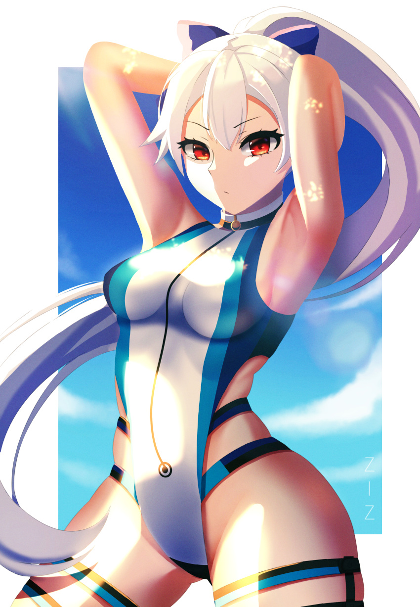 1girl absurdres arms_behind_head blue_bow blue_sky blue_swimsuit border bow breasts clouds competition_swimsuit fate/grand_order fate_(series) hair_between_eyes hair_bow highres long_hair medium_breasts one-piece_swimsuit ponytail red_eyes silver_hair sky solo swimsuit thigh_strap tomoe_gozen_(fate/grand_order) tomoe_gozen_(swimsuit_saber)_(fate) two-tone_swimsuit very_long_hair white_border white_swimsuit ziz_(pandora707)