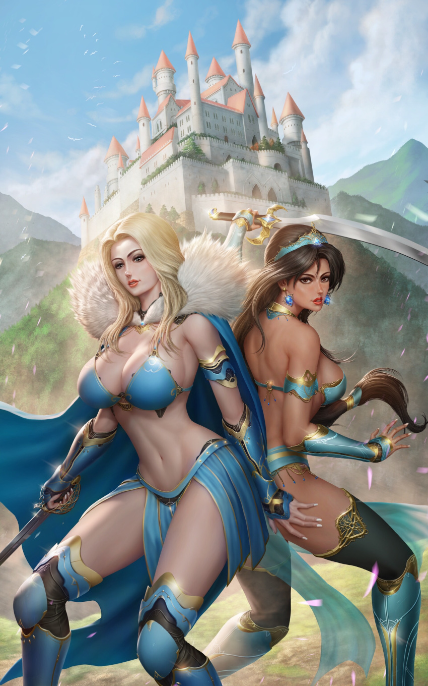 2girls absurdres aladdin_(disney) artstation_sample back-to-back bangs bikini bikini_top black_hair blue_eyes breasts cape castle chrisnfy85 cinderella cover cover_page dark_skin highres hill image_sample large_breasts looking_at_viewer midriff multiple_girls navel pale_skin princess_master sky stomach swimsuit sword thigh-highs thighs weapon