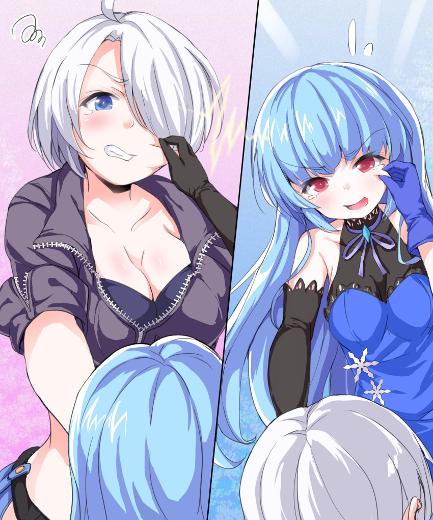 2girls alternate_costume angel_(kof) angry annoyed blue_eyes blue_hair bra breasts cheek_pinching cropped_jacket fingerless_gloves gloves hair_over_one_eye highres jacket kula_diamond large_breasts leather leather_jacket looking_at_another multiple_girls pinching red_eyes short_hair snk strapless strapless_bra the_king_of_fighters the_king_of_fighters_2001 the_king_of_fighters_xiv tothe_jekyll underwear white_hair wince