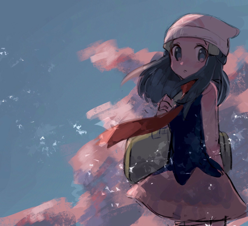 1girl arm_behind_back bag beanie blush commentary_request hikari_(pokemon) duffel_bag eyelashes from_side hair_ornament hairclip hanenbo hat highres holding_strap long_hair looking_at_viewer looking_to_the_side poke_ball_symbol pokemon pokemon_(game) pokemon_dppt red_scarf scarf sketch solo white_headwear yellow_bag