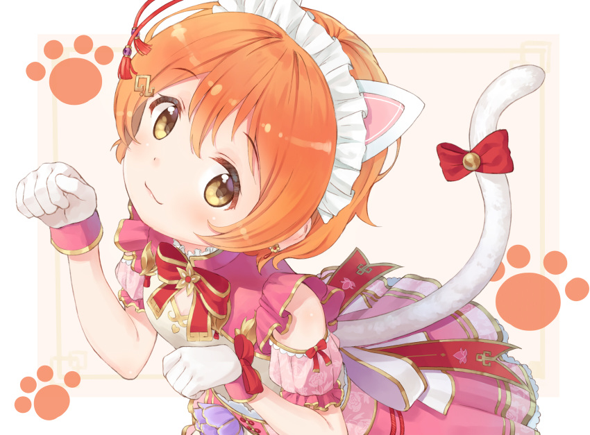 1girl animal_ears bangs bow cat_ears cat_tail commentary_request detached_sleeves earrings eichisu eyebrows_visible_through_hair frills gloves hair_between_eyes hair_ornament highres hoshizora_rin jewelry looking_at_viewer love_live! love_live!_school_idol_project orange_hair parted_bangs paw_pose paw_print red_bow short_hair short_sleeves smile solo tail tail_bow tail_ornament white_gloves yellow_eyes