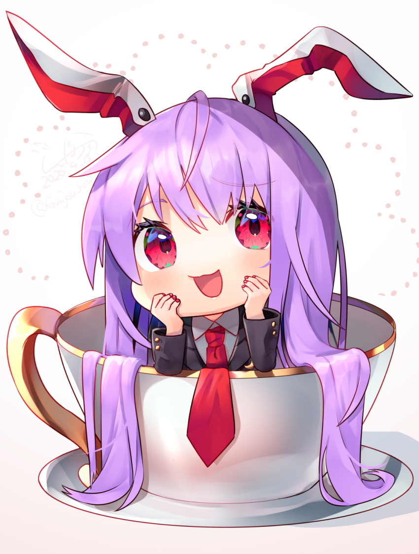 1girl animal_ears bangs blazer blush chibi crescent crescent_moon_pin cup eyelashes gunjou_row hands_on_own_chest highres in_container in_cup jacket long_hair long_sleeves minigirl necktie purple_hair rabbit_ears red_eyes red_nails red_neckwear reisen_udongein_inaba saucer smile solo teacup touhou very_long_hair white_background